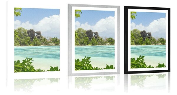 Plakat s paspartuom prekrasna plaža na otoku La Digue