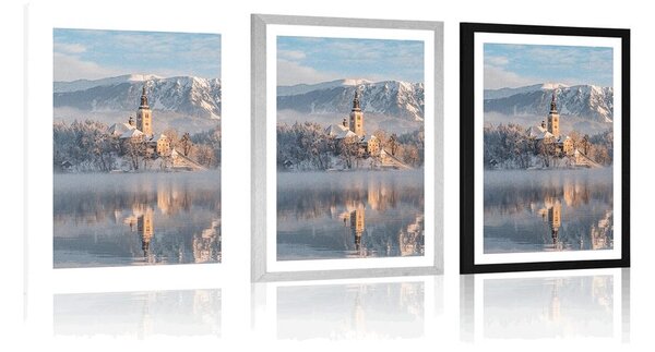 Plakat s paspartuom crkva kod jezera Bled u Sloveniji