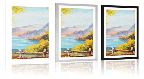 Plakat s paspartuom planinsko jezero - ulje na platnu