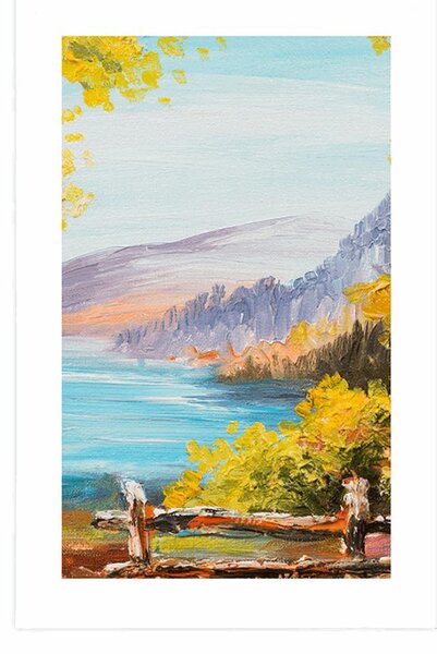 Plakat s paspartuom planinsko jezero - ulje na platnu