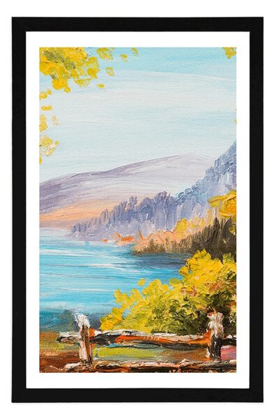 Plakat s paspartuom planinsko jezero - ulje na platnu