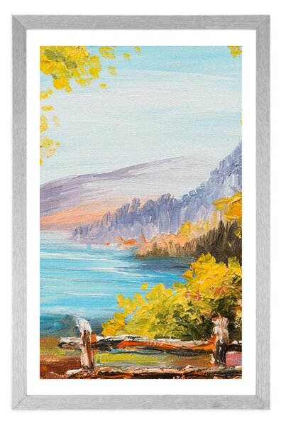 Plakat s paspartuom planinsko jezero - ulje na platnu