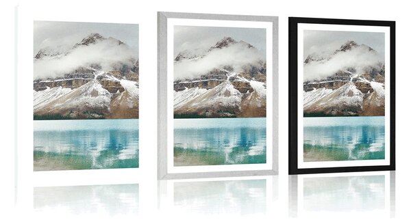 Plakat s paspartuom jezero blizu prekrasne planine