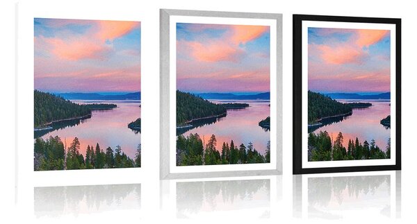 Plakat s paspartuom jezero pri zalasku sunca