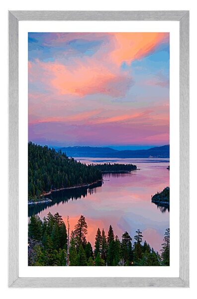 Plakat s paspartuom jezero pri zalasku sunca