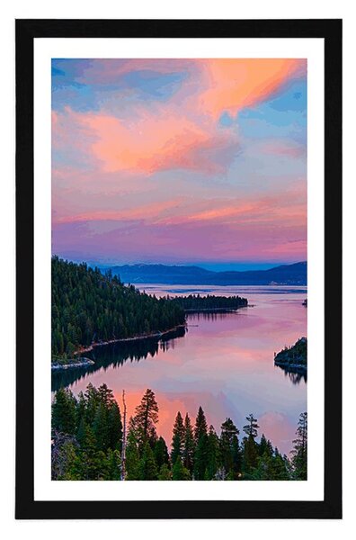 Plakat s paspartuom jezero pri zalasku sunca