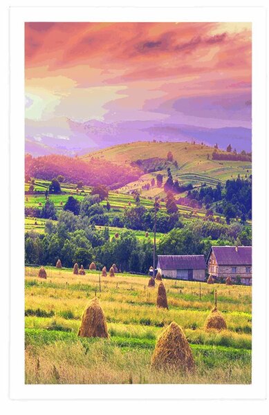 Plakat stogovi sijena u karpatskim planinama