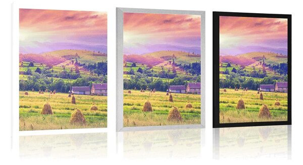 Plakat stogovi sijena u karpatskim planinama