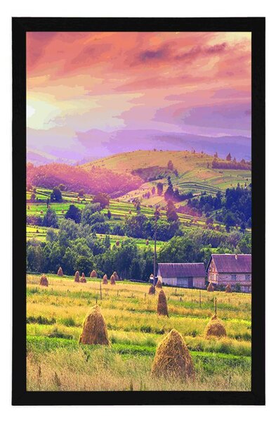 Plakat stogovi sijena u karpatskim planinama