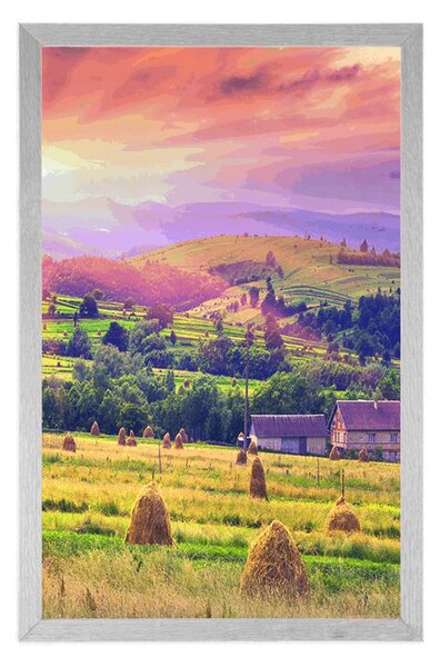 Plakat stogovi sijena u karpatskim planinama