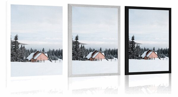 Plakat mala drvena vikendica u snježnom krajoliku