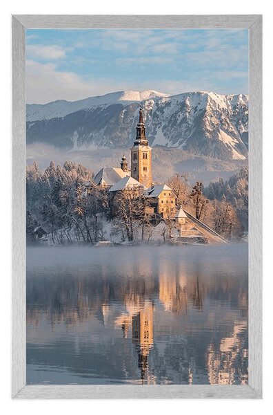 Plakat crkva kod jezera Bled u Sloveniji