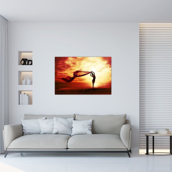 Slika - Silhueta ženske ob sončnem zahodu (90x60 cm)