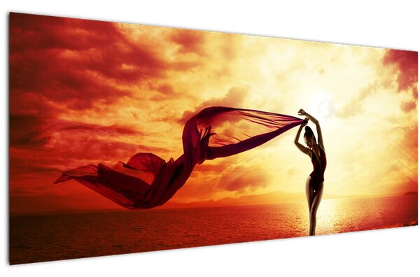 Slika - Silhueta ženske ob sončnem zahodu (120x50 cm)