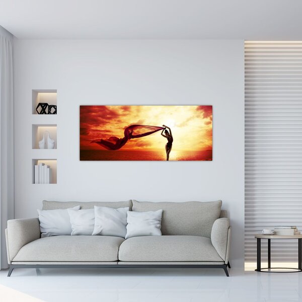 Slika - Silhueta ženske ob sončnem zahodu (120x50 cm)