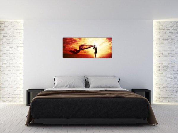 Slika - Silhueta ženske ob sončnem zahodu (120x50 cm)