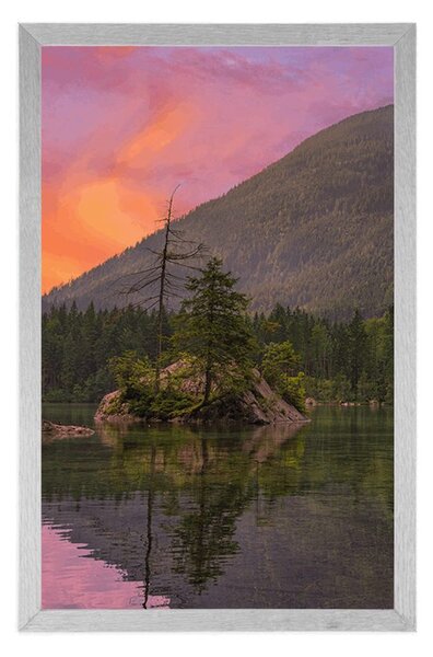 Plakat zalazak sunca nad planinskim krajolikom