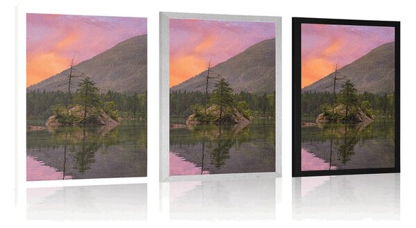 Plakat zalazak sunca nad planinskim krajolikom