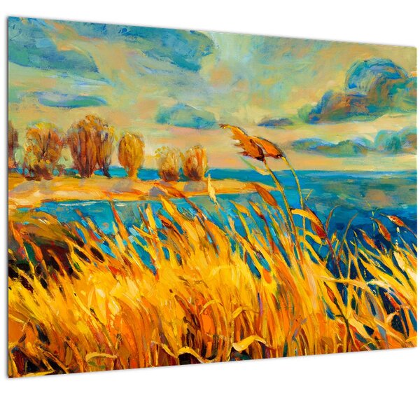 Slika - Sončni zahod nad jezerom, akrilna slika (70x50 cm)