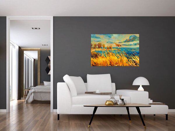 Slika - Sončni zahod nad jezerom, akrilna slika (90x60 cm)