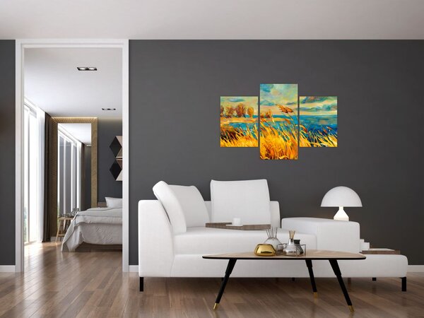 Slika - Sončni zahod nad jezerom, akrilna slika (90x60 cm)