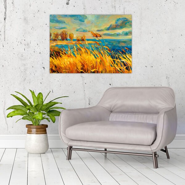 Slika - Sončni zahod nad jezerom, akrilna slika (70x50 cm)