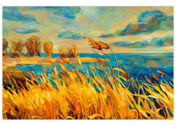 Slika - Sončni zahod nad jezerom, akrilna slika (90x60 cm)