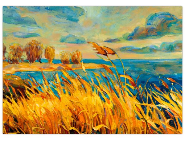 Slika - Sončni zahod nad jezerom, akrilna slika (70x50 cm)