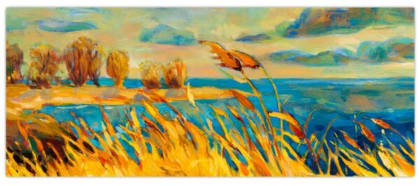 Slika - Sončni zahod nad jezerom, akrilna slika (120x50 cm)