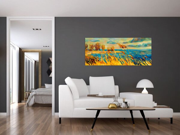 Slika - Sončni zahod nad jezerom, akrilna slika (120x50 cm)
