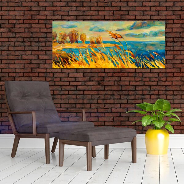 Slika - Sončni zahod nad jezerom, akrilna slika (120x50 cm)