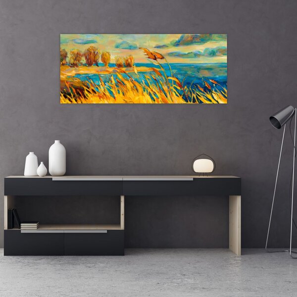 Slika - Sončni zahod nad jezerom, akrilna slika (120x50 cm)