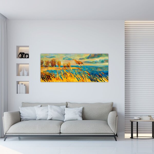 Slika - Sončni zahod nad jezerom, akrilna slika (120x50 cm)