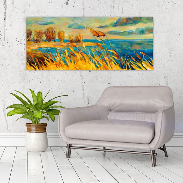 Slika - Sončni zahod nad jezerom, akrilna slika (120x50 cm)