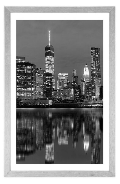 Plakat s paspartuom odsjaj Manhattana u vodi u crno-bijelom dizajnu