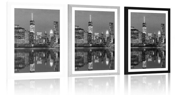 Plakat s paspartuom odsjaj Manhattana u vodi u crno-bijelom dizajnu