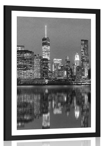 Plakat s paspartuom odsjaj Manhattana u vodi u crno-bijelom dizajnu