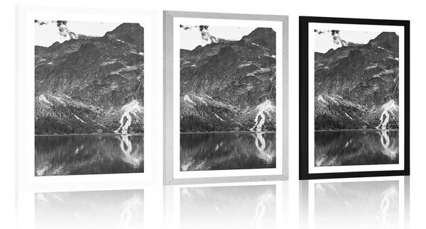 Plakat s paspartuom jezero Morské oko u Tatrama u crno-bijelom dizajnu