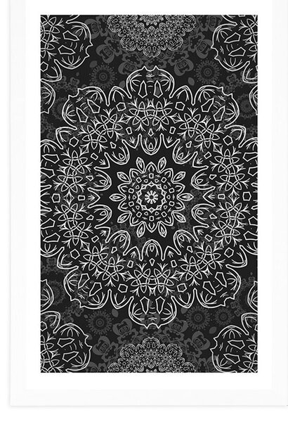 Plakat s paspartuom Mandala s apstraktnim uzorkom u crno-bijelom dizajnu