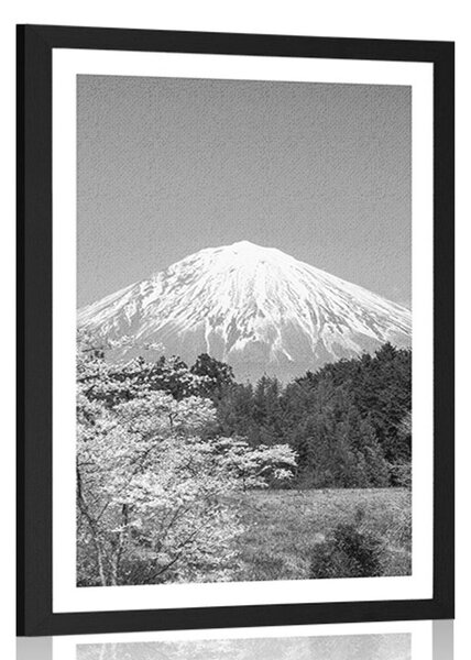 Plakat s paspartuom planina Fuji u crno-bijelom dizajnu