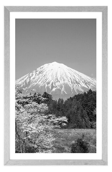 Plakat s paspartuom planina Fuji u crno-bijelom dizajnu