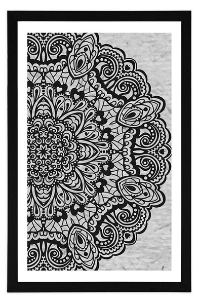 Plakat s paspartuom cvjetna Mandala u crno-bijelom dizajnu