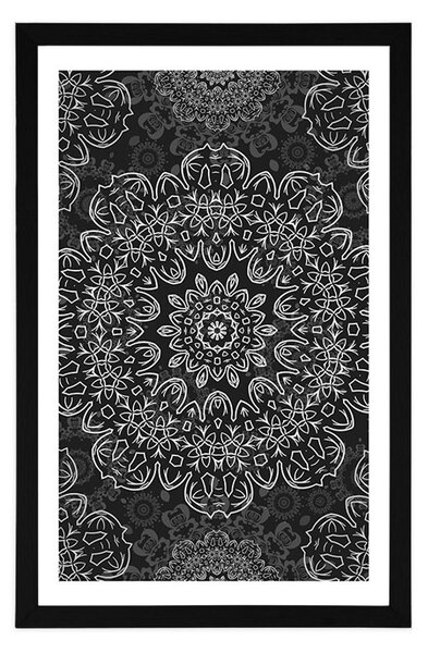 Plakat s paspartuom Mandala s apstraktnim uzorkom u crno-bijelom dizajnu