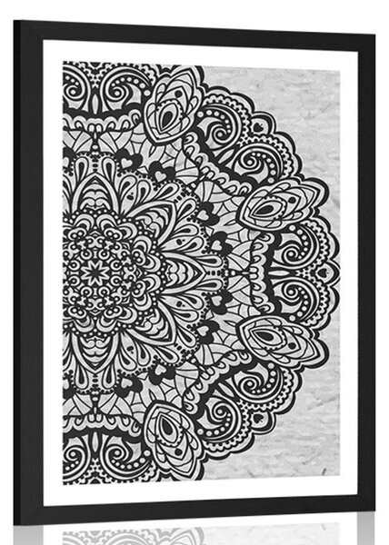 Plakat s paspartuom cvjetna Mandala u crno-bijelom dizajnu