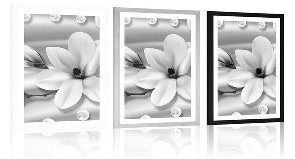 Plakat s paspartuom luksuzna magnolija s biserima u crno-bijelom dizajnu