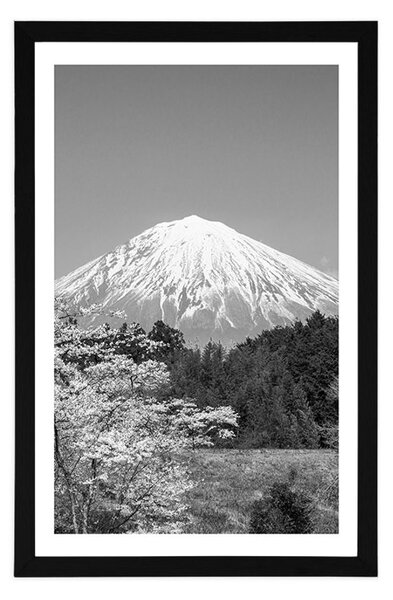 Plakat s paspartuom planina Fuji u crno-bijelom dizajnu