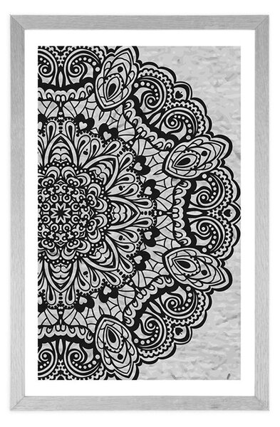 Plakat s paspartuom cvjetna Mandala u crno-bijelom dizajnu