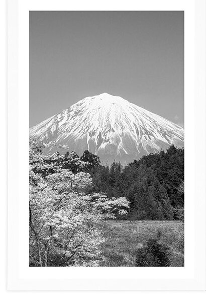 Plakat s paspartuom planina Fuji u crno-bijelom dizajnu
