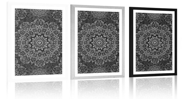 Plakat s paspartuom Mandala s apstraktnim uzorkom u crno-bijelom dizajnu