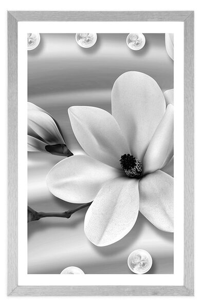Plakat s paspartuom luksuzna magnolija s biserima u crno-bijelom dizajnu